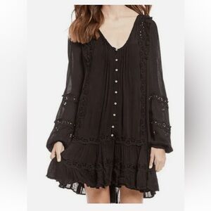 Free People Snow Angel Black Bohemian Women Button Front Mini Fall Dress Size S